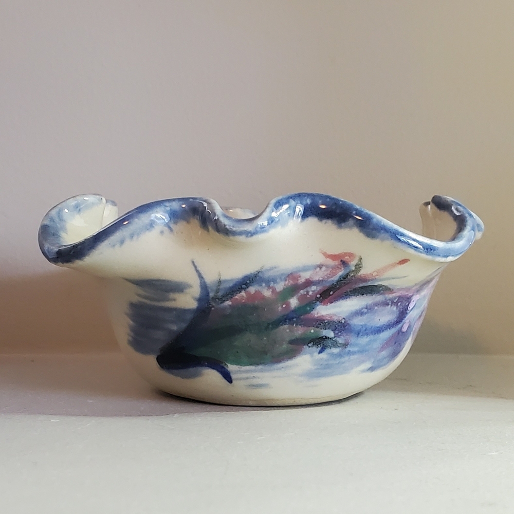 Artistic Blue and Cream Studio Pottery Ruffled Bowl By Monique Duclos 4.75" X 2"